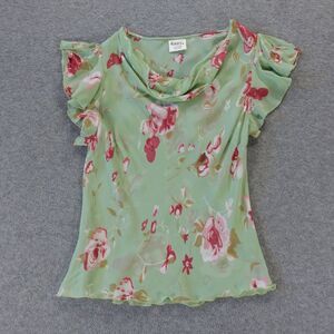 Geeta Womens Shirt Small Green Floral Flower Ruffle Sleeve Sheer Hippie Boho